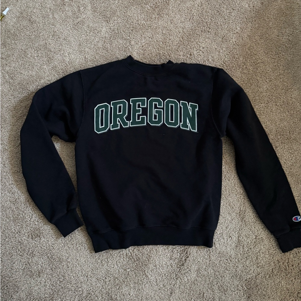 University of Oregon Champion Black and Green UO Crewneck Small Oregon Vintage
